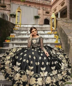 black lehenga set with embroidery & pearls for weddings