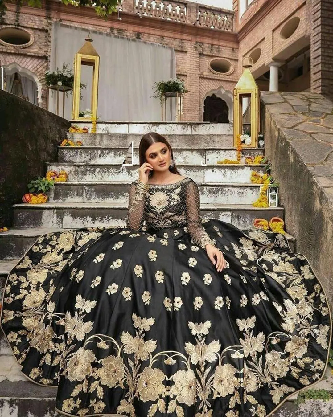 black lehenga set with embroidery & pearls for weddings