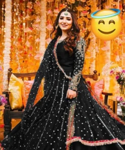 black embroidered shamoz silk maxi suit 3pcs with pearls dupatta