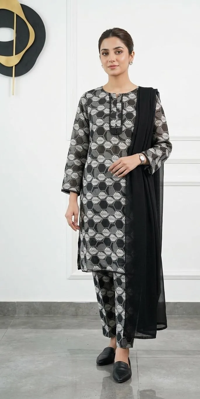 3 pcs women's stitched lawn digital print suit black specia