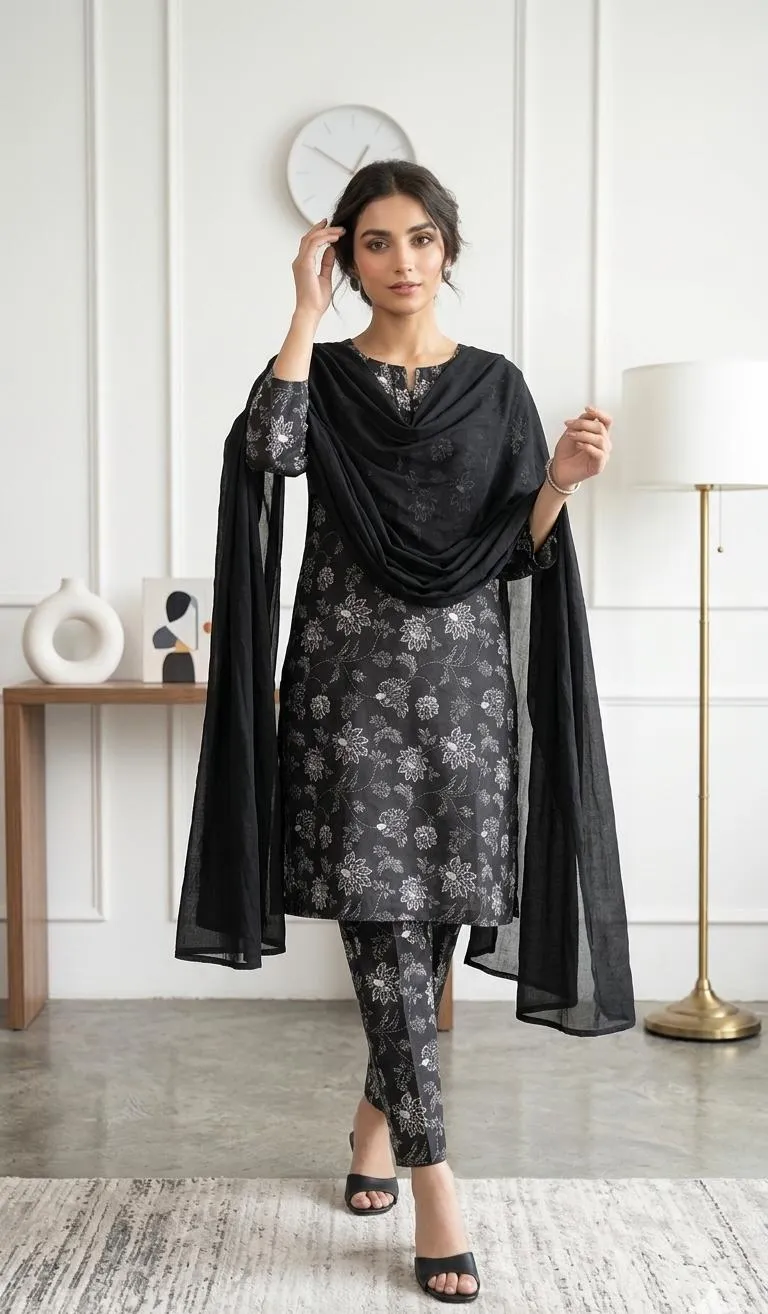 3 pcs women's stitched lawn digital print suit black special