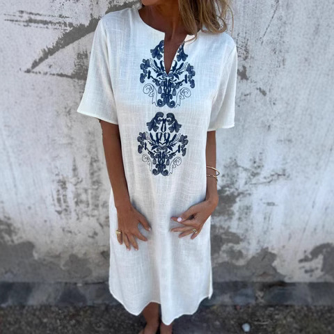 Women's Round-neck Loose-fit Printed T-shirt Dress