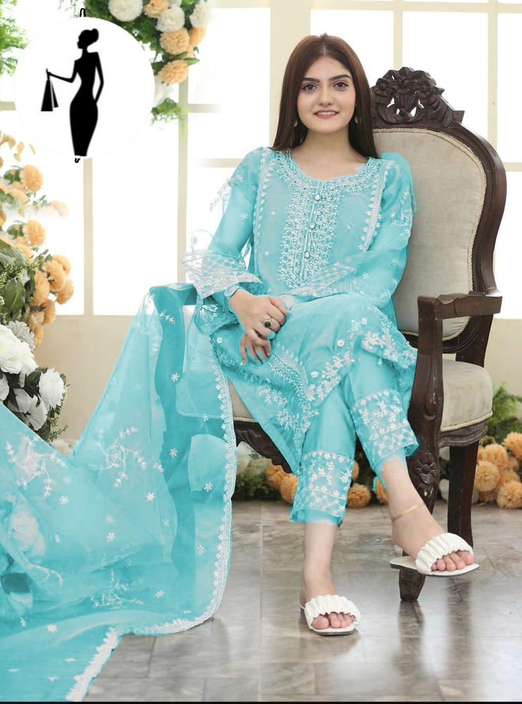 Light Blue Embroidered 3-Piece Organza Suit for Eid - Image 2