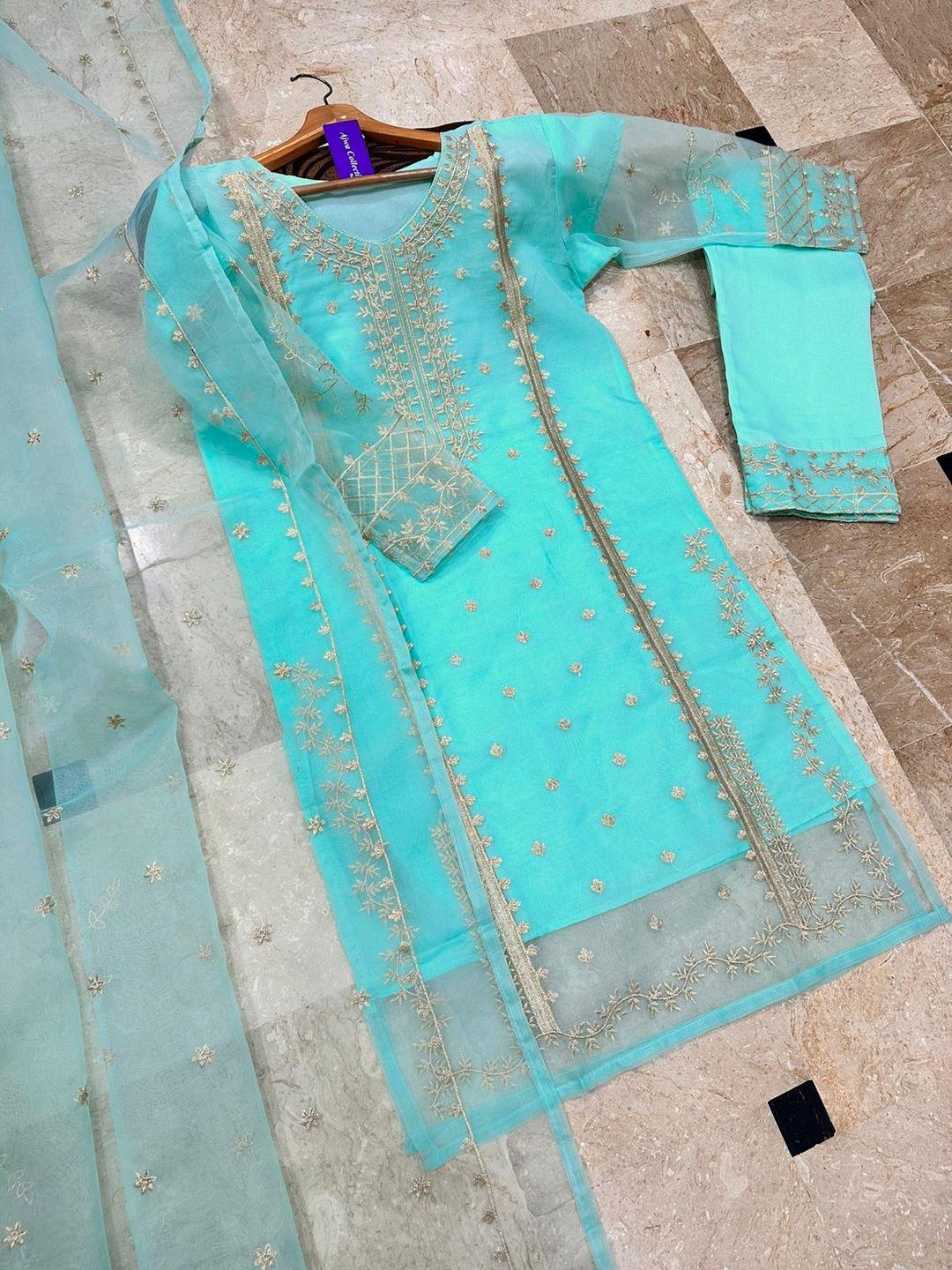 Light Blue Embroidered 3-Piece Organza Suit for Eid - Image 5