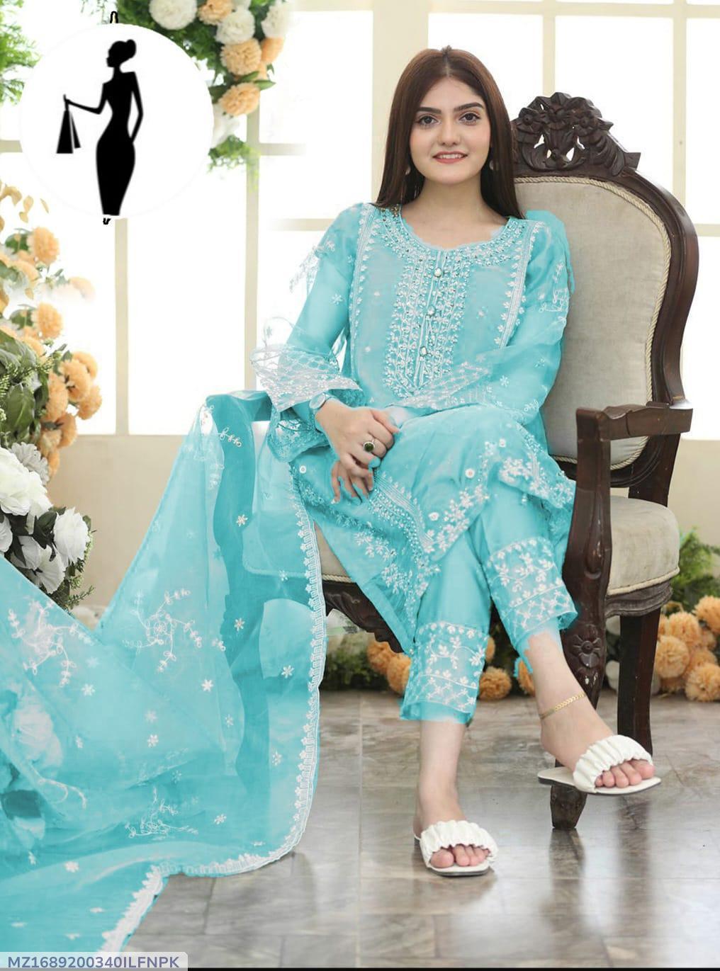 Light Blue Embroidered 3-Piece Organza Suit for Eid - Image 3