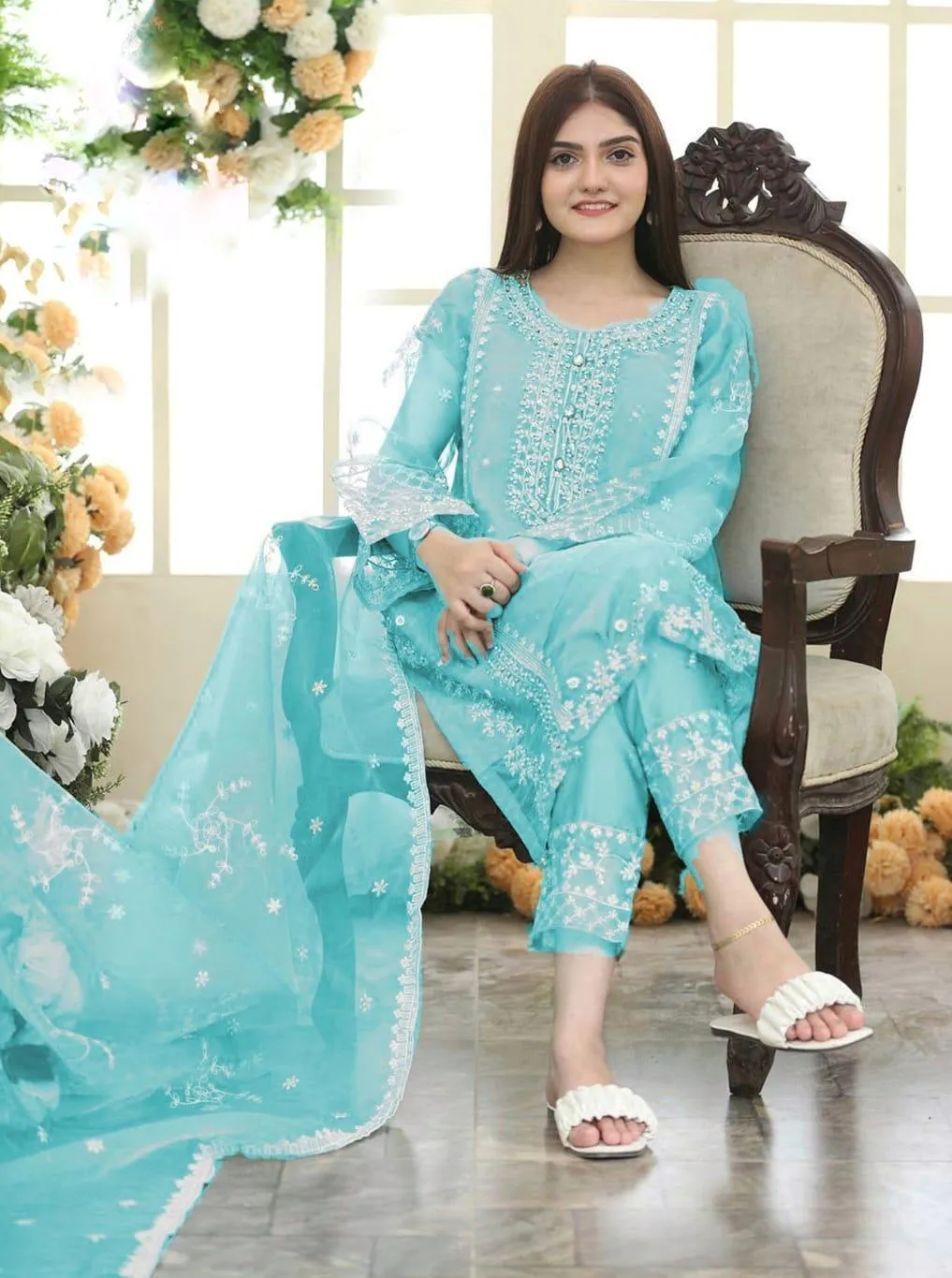 Light Blue Embroidered 3-Piece Organza Suit for Eid - Image 4