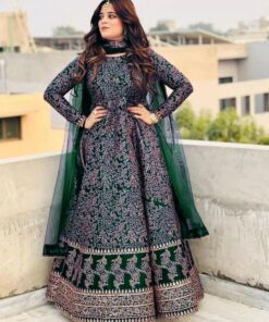 Green Printed Katan Silk Maxi Suit Set for Women