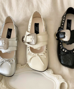 2026 Spring & Summer New Mary Jane Flats, Apple Toe Women's Shoes With Buckle, Rivets & Bow, Breathable & Versatile