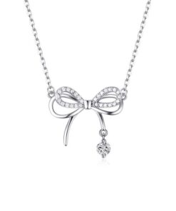 ASJM International - 1pcs 999 Sterling Silver Bowknot & CZ Drop Necklace, Elegant Trendy Style, Ideal For Birthday & Valentine's Gifts
