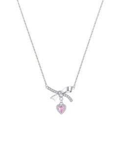 ASJM International - 1pcs 999 Sterling Silver Bowknot & Pink Heart Necklace, Elegant Trendy Style, Ideal For Valentine's & Birthday Gifts