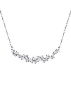 ASJM International - 1pcs 999 Sterling Silver Cluster CZ Smile Bar Necklace, Luxury Delicate Style, Ideal For Birthday Gifts