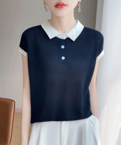 ASJM International - Color-Block Polo-Neck Short-Sleeve Womens Lyocell Knitted T-Shirt