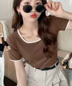 ASJM International - Color-block Square-neck Plus-size Slimming Short-sleeve T-shirt