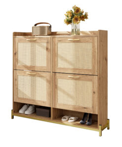 Elegant Wooden Shoe Cabinet With Rattan Doors 4 Doors, Metal Frame, And Top Shelf For Stylish And Organized Storage 16-20 Pairs Of Shoes