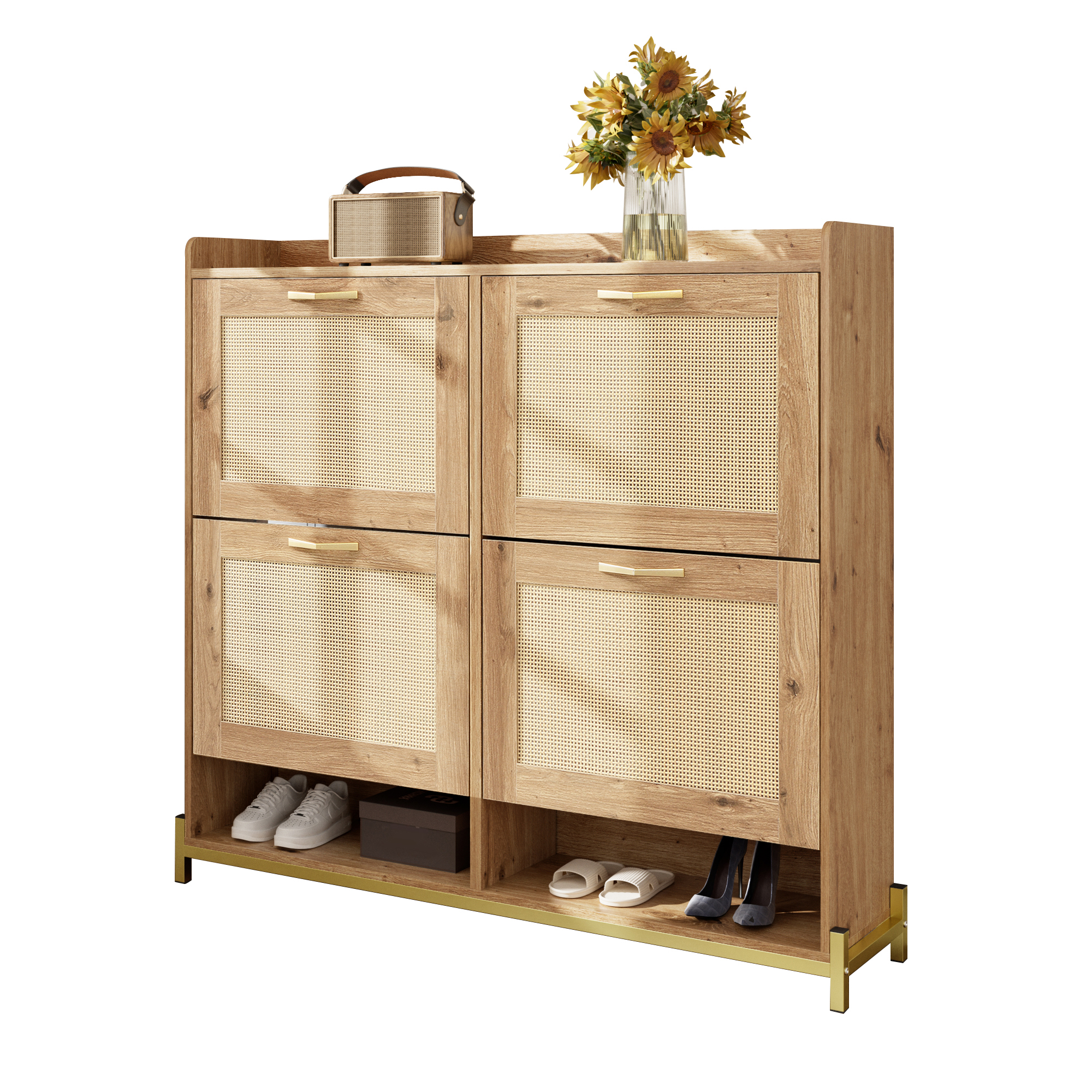 Elegant Wooden Shoe Cabinet With Rattan Doors 4 Doors, Metal Frame, And Top Shelf For Stylish And Organized Storage 16-20 Pairs Of Shoes