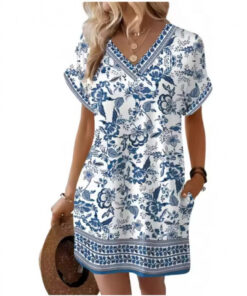 ASJM International - European And American-style Fashionable Printed Loose-fit V-neck Short-sleeve Dress