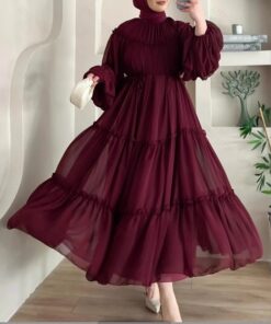 ASJM International - Fashionable Solid Color Soft Lace Detail Belt Long Chic And Elegant Dress