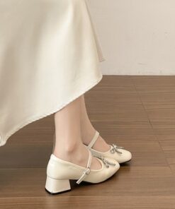 French Bow Square-Toe Mary Jane Shoes For Women, New Sweet Thick Heel With Single Strap And Skirt Pair