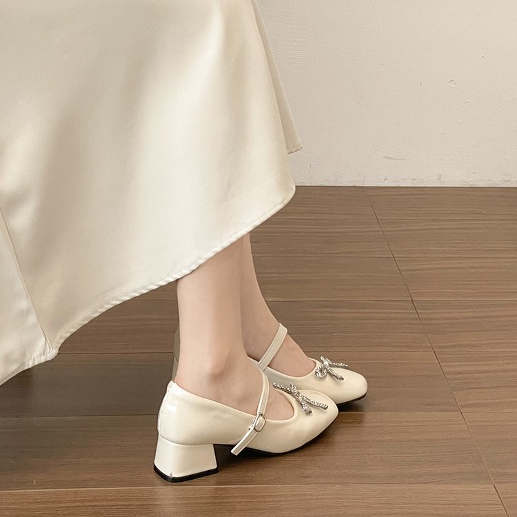 French Bow Square-Toe Mary Jane Shoes For Women, New Sweet Thick Heel With Single Strap And Skirt Pair