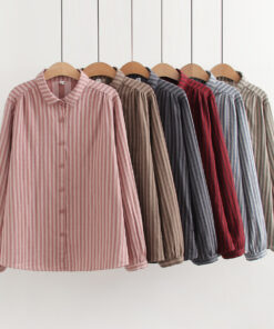ASJM International - Korean-style Striped Cotton-linen Single-breasted Long-sleeve Shirt For Women