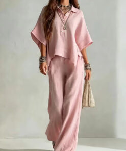 ASJM International - Loose Fit Linen Blend Collared Shirt & Wide Leg Pants Two-Piece Set