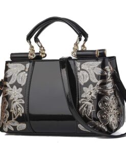 ASJM International - Luxury Patent Leather Handbag Beaded Floral Embroidery Tote Work Party Bag 3 Col