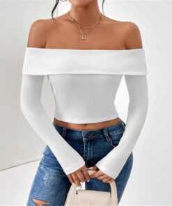 ASJM International - Off-shoulder Slim-fit Versatile Short-sleeved T-shirt With A Boat Neckline