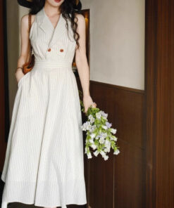 ASJM International - Retro Halter-neck Waist-cinched Striped Shirt Dress