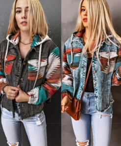 ASJM International - Retro Jacket With Hood And Pockets Denim Patchwork Contrast-color Coat