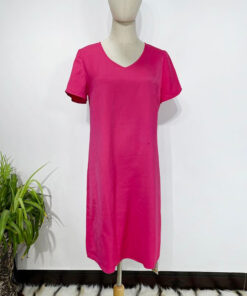 ASJM International - Rose-red V-neck Short-sleeve Dress Loose-fitting