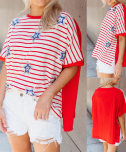 ASJM International - Sequin Star-striped Short-sleeve Top Loose-fit T-shirt