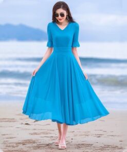ASJM International - Short-height Long-style Wide-hem Chiffon Dress Ultra-fairy And Elegant Beach Maxi Dress