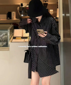 ASJM International - Shoulder Slimming Black Women's Striped Shirt