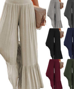 ASJM International - Solid Color Casual Pants With High Waist And Cinched Waist Loose And Wide Leg Pants For Women