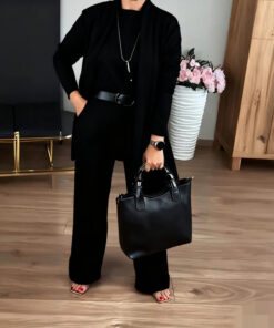 ASJM International - Solid-color Crew-neck Long-sleeve Top And Comfy Belted Pants Set 3-piece Womens Outfit