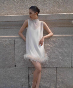 ASJM International - Solid-color Crew-neck Short Dress With Feather Detailing For A Luxe Look
