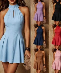 ASJM International - Womens Backless Halter-Neck Lace-Up Slim-Fit Solid-Color Dress