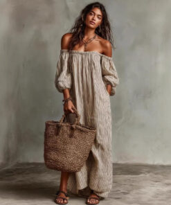 ASJM International - Women's Casual Loose-fit Off-shoulder Striped Dress