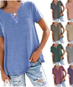 ASJM International - Women's Henley Neck Button Detail Curved Hem Pocket Decor Casual Short Sleeve T-Shirt