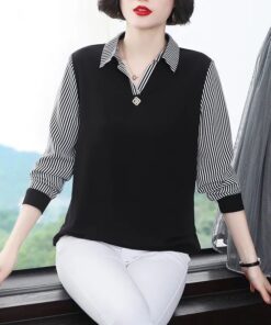 ASJM International - Youthful Look Mid Age And Senior Spliced Polo Neck Base Shirt Long Sleeve Top For Women
