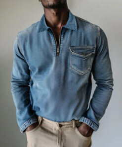 Mens Top Half-zip Lapel Denim Long-sleeve Shirt