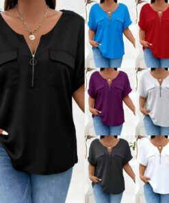 Plus-size Womens Top Zipped, Short-sleeved, Pocketed, Relaxed-fit T-shirt