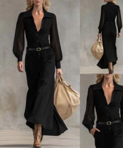 Women's Collared Neck Sheer Puff Sleeve Button Front Belted Maxi Shirt Dress Elegant Office Wear Maxi Dress