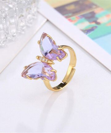 Butterfly Ring Opening Butterfly Glass Crystal Crystal Copper Inlaid Zircon Electroplated Real Gold