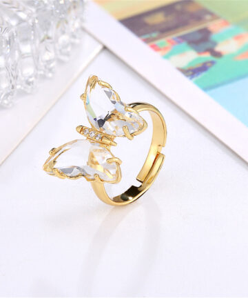 Butterfly Ring Opening Butterfly Glass Crystal Crystal Copper Inlaid Zircon Electroplated Real Gold