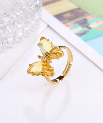 Butterfly Ring Opening Butterfly Glass Crystal Crystal Copper Inlaid Zircon Electroplated Real Gold