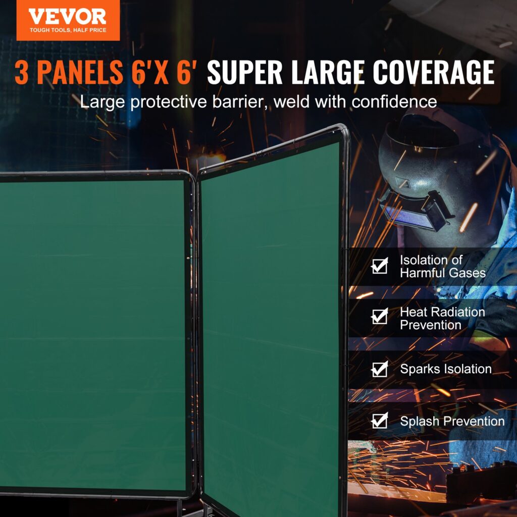 Welding Screen With Frame, 182.9 Cm X 182.9 Cm 3 Panel Welding Curtain Screens, Flame-Resistant Vinyl Welding Protection Screen On 12 Swivel Wheels (6 Lockable), Moveable & Professional For