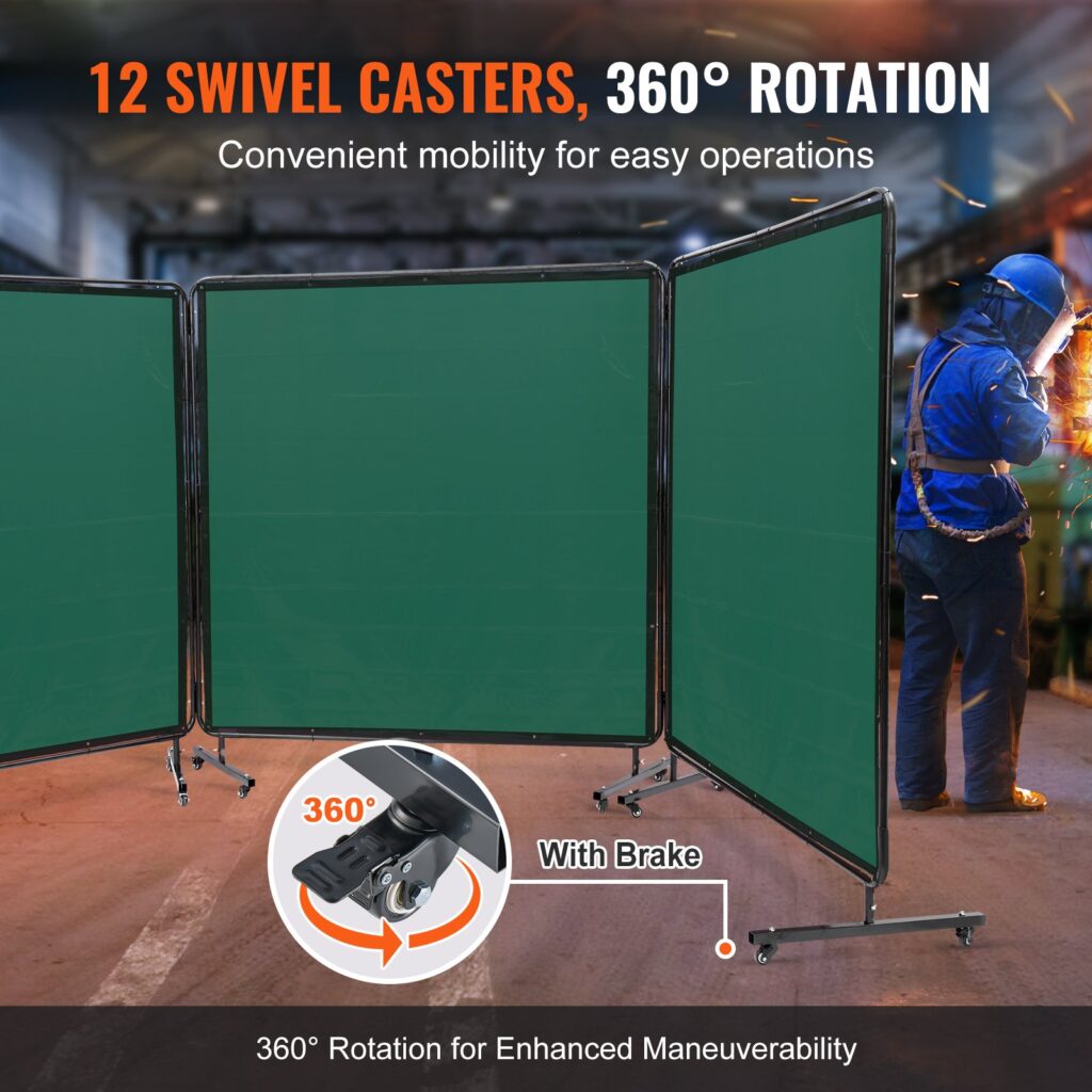Welding Screen With Frame, 182.9 Cm X 182.9 Cm 3 Panel Welding Curtain Screens, Flame-Resistant Vinyl Welding Protection Screen On 12 Swivel Wheels (6 Lockable), Moveable & Professional For