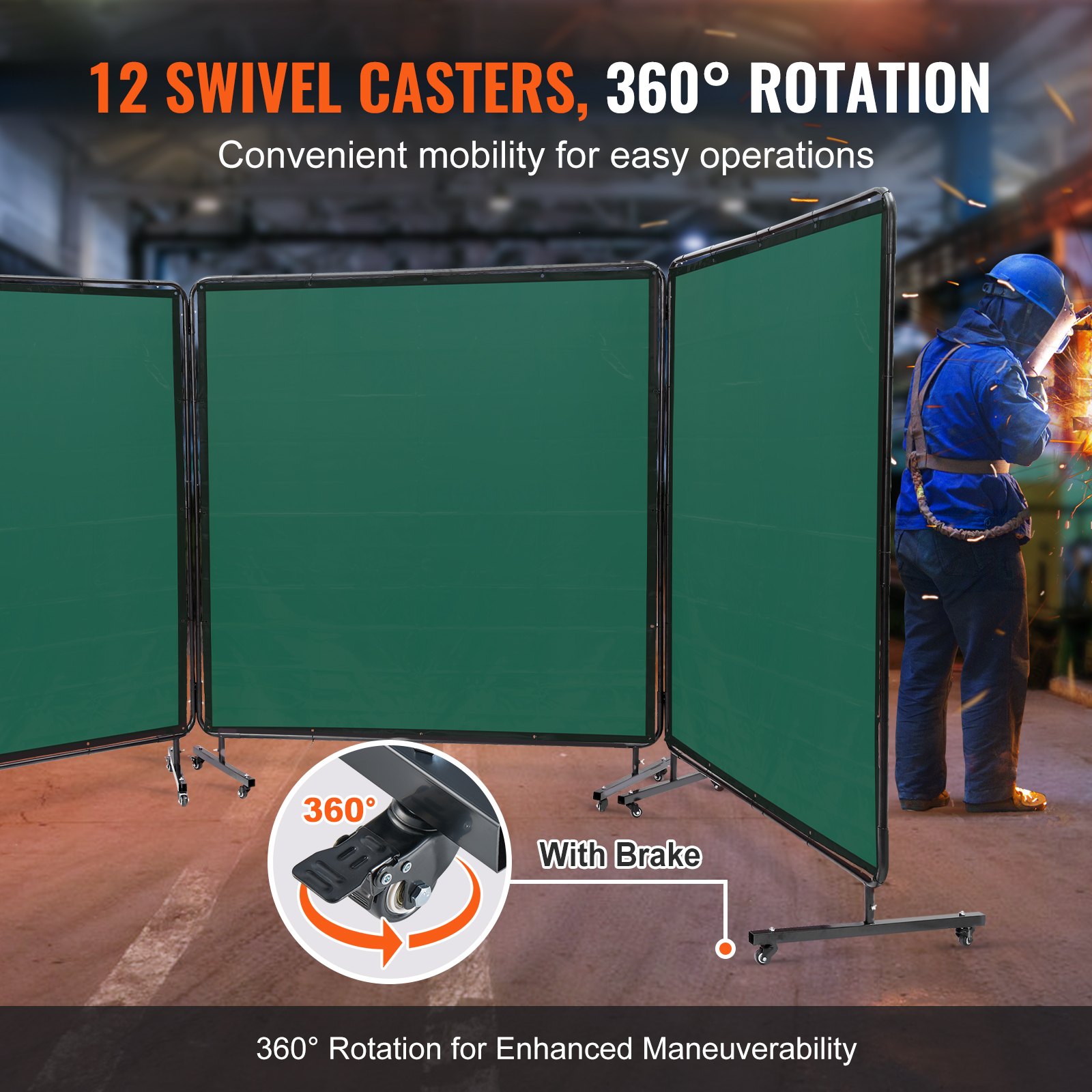 Welding Screen With Frame, 182.9 Cm X 182.9 Cm 3 Panel Welding Curtain Screens, Flame-Resistant Vinyl Welding Protection Screen On 12 Swivel Wheels (6 Lockable), Moveable & Professional For - Image 3