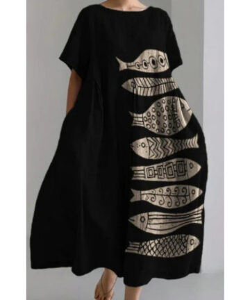 Women's Loose Round Neck Fashion Premium Short Sleeve Printed Dress